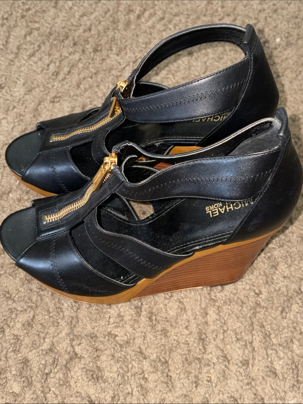 Michael Kors Black Leather Peep-Toe Wedge Sandals with Gold Zip Accent